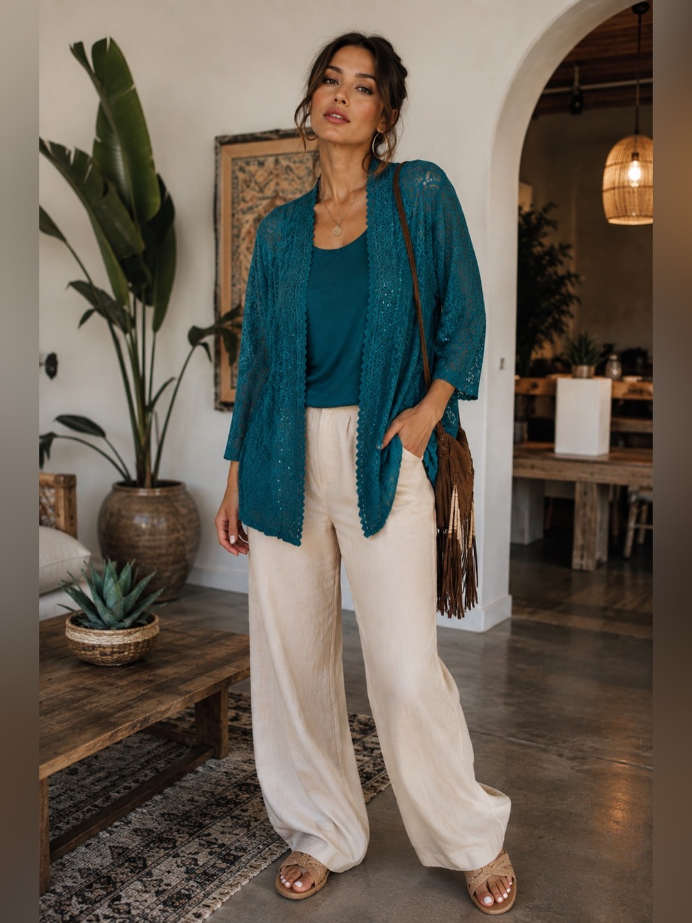 Teal Open-Front Lace-Trim Cardigan - Women Sweater
